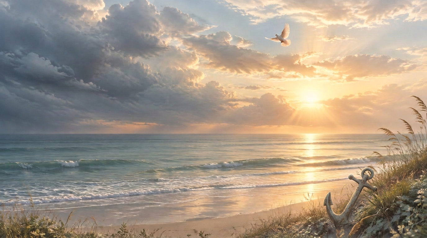 Morning sunlight breaking through clouds over a peaceful shoreline with an anchor resting in the dune grass